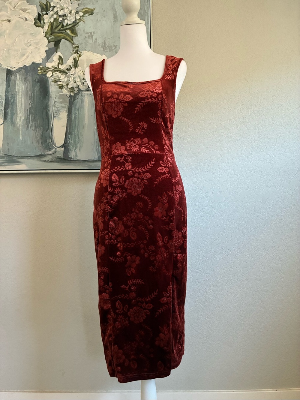 Emery Rose Rust Red Floral Velvet Midi Dress Size Medium - Picture 2 of 7
